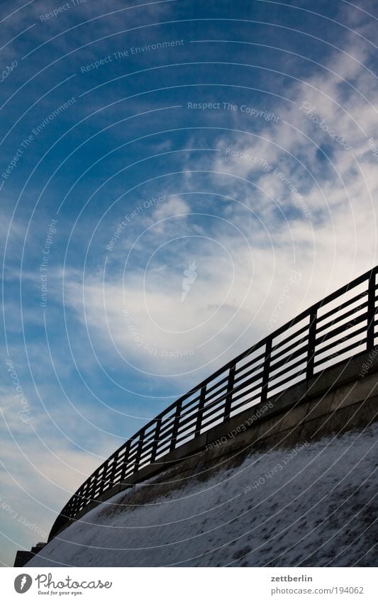 rail Handrail Bridge railing Retaining wall Dam Arch Spreebogen Curve Bend Barrier Hurdle Border Go up Sky Heaven Clouds Snow Snow layer Tilt