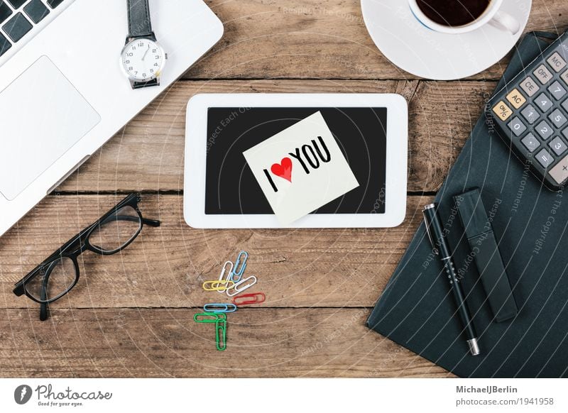 Desk with note I Love You with space for text from above Office Computer Text Blog Information Online Symbols and metaphors Tablet computer Piece of paper