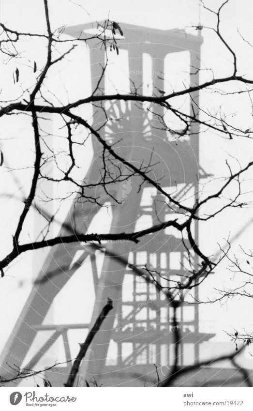 winding tower Mine Mine tower Industry Branch Black & white photo Contrast