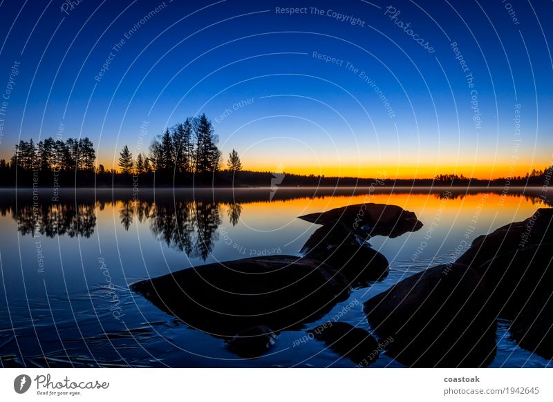 Blue hour at Salajärvi Nature Landscape Water Cloudless sky Sunrise Sunset Autumn Beautiful weather Lakeside Onkiniemi Finland Deserted Stone Cool (slang)