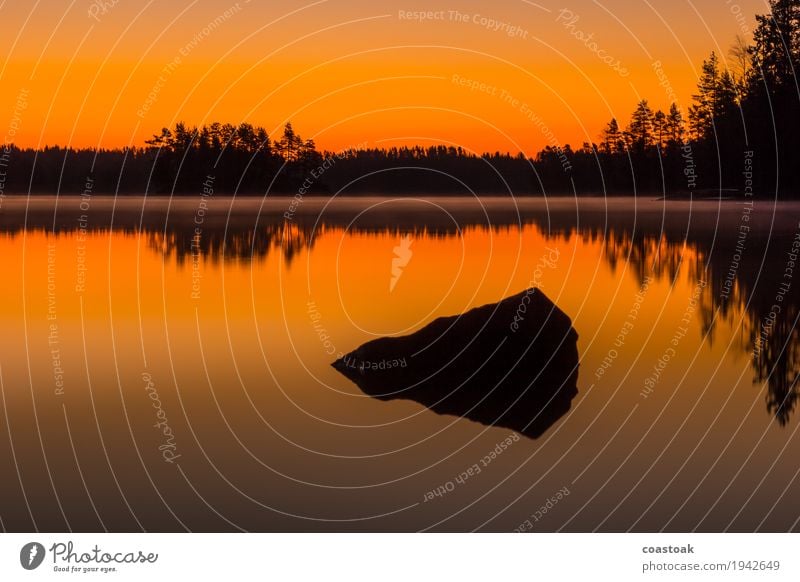 Dawn at Salajärvi Nature Landscape Water Cloudless sky Sunrise Sunset Autumn Lakeside Stone Orange Black Beginning Fog Colour photo Exterior shot Silhouette