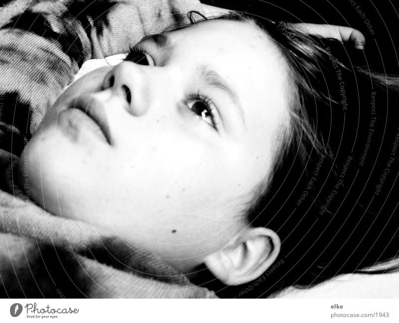 thinking about? Dream Thought Think Lie Meditative Dreamily Looking away Black & white photo Upward Face of a child Girl