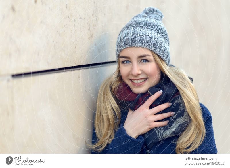 Pretty young woman smiling at the camera Happy Beautiful Face Winter Woman Adults 1 Human being 18 - 30 years Youth (Young adults) Autumn Scarf Hat Blonde