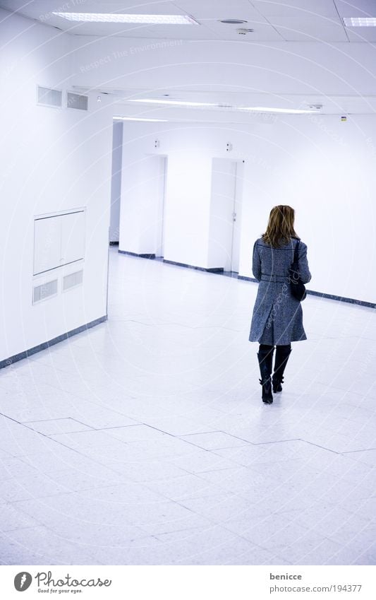 white walk Woman Human being Corridor White Bright Empty Going Coat Loneliness Airport Back Rear view voyage Lighting Hall Artificial light Lamp Ground