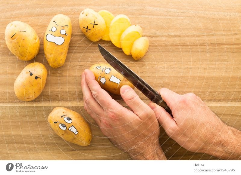 Potatoes in panic fear Vegetable Nutrition Hand Chopping board Knives Wood Metal Creepy Brown Black White Emotions Pain Fear Threat Fear of death Distress Comic