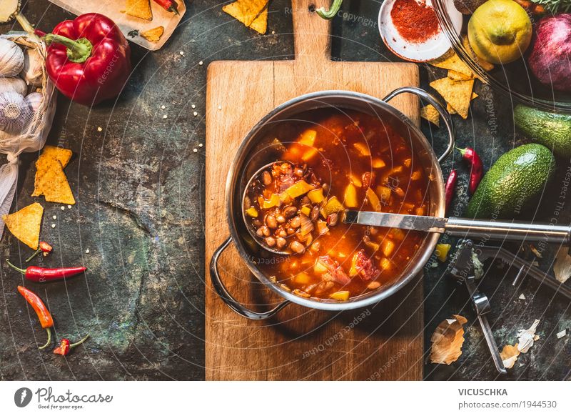 Mexican bean soup in a saucepan Food Vegetable Soup Stew Nutrition Lunch Dinner Organic produce Vegetarian diet Diet Crockery Pot Spoon Style Design