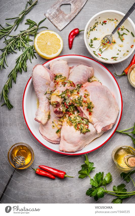 marinate chicken thighs spicy Food Meat Herbs and spices Cooking oil Nutrition Lunch Dinner Organic produce Crockery Spoon Style Design Healthy Eating Table