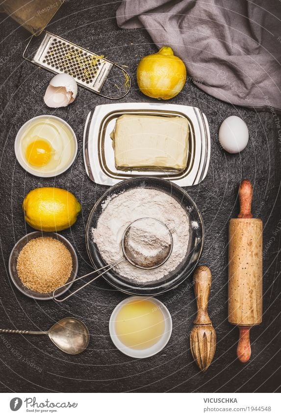 Ingredients for lemon biscuits or cakes Food Cake Dessert Nutrition Crockery Style Design Living or residing Table Kitchen Christmas & Advent Baking Cookie