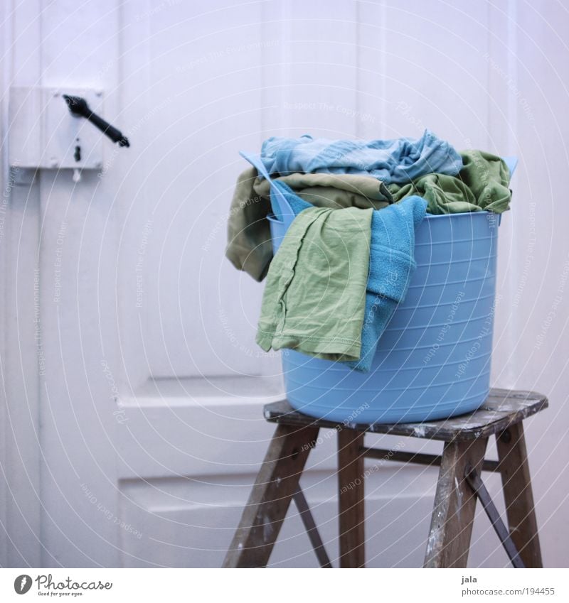 Small laundry Laundry basket Blue Green White Dirty laundry Textiles Clothing Door Ladder Colour photo Interior shot Day Washing Washing day