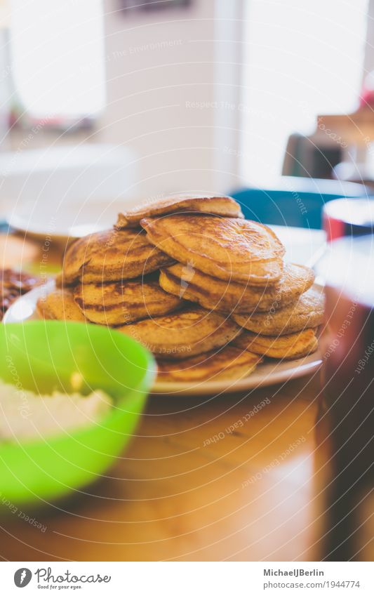 American Pancakes for Family Breakfast at the Table Living room Family & Relations Eating Plate pancakes Sweet Colour photo Close-up Deserted Morning