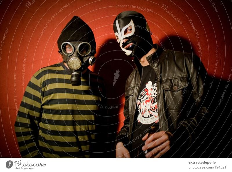 Subculture Punk Mask Colour photo Interior shot Artificial light Respirator mask Disguised Looking into the camera Man 2 Neutral Background Funster Joke Trashy