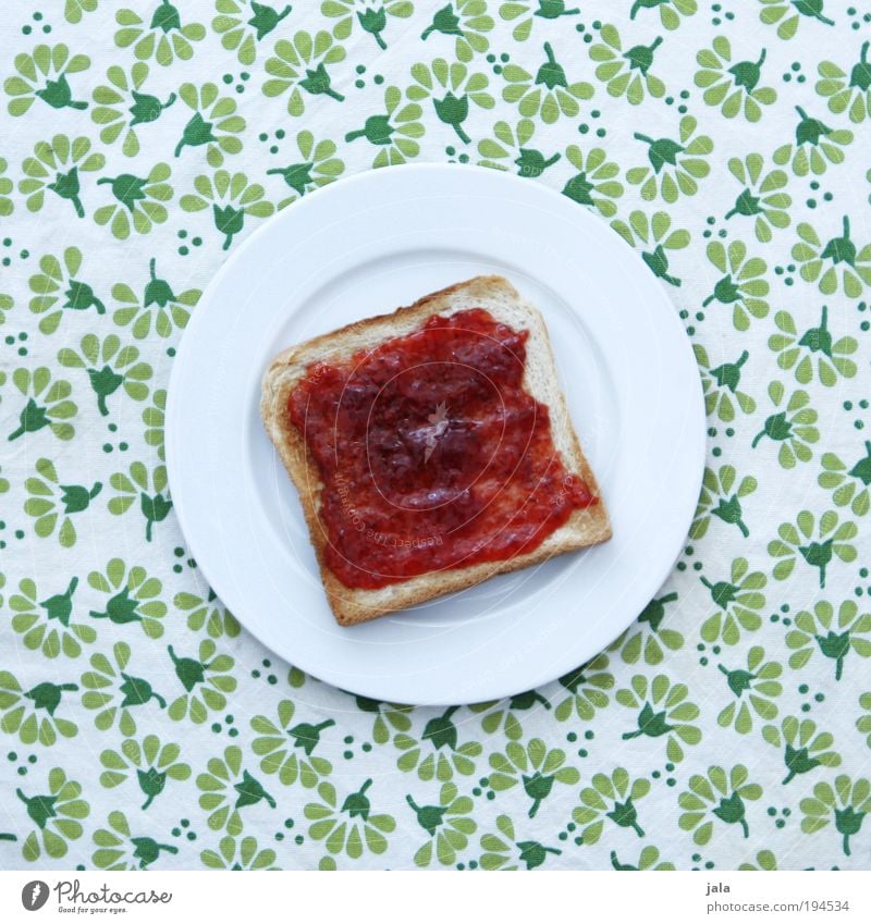 Suze's strawberry jam Food Bread Jam Nutrition Breakfast Organic produce Vegetarian diet Crockery Plate Good Delicious Red White Green Pattern Toast