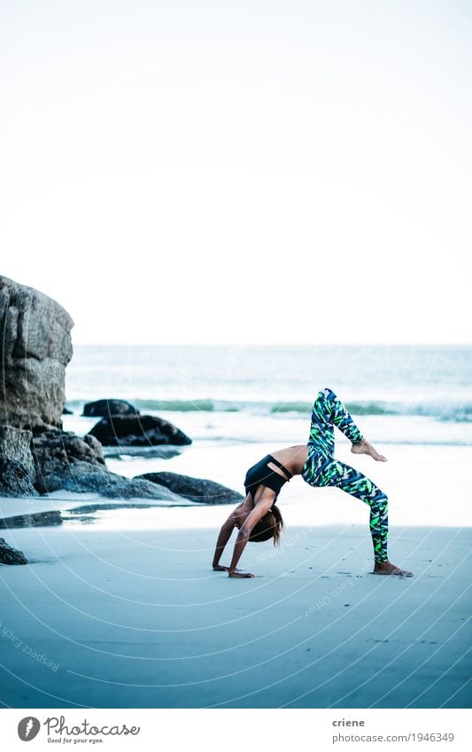 Young women doing yoga pose on beach in the morning Lifestyle Body Healthy Athletic Fitness Well-being Leisure and hobbies Beach Ocean Waves Sports Yoga