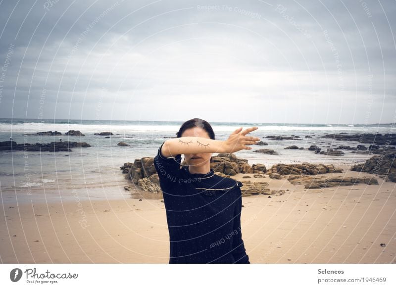 blind spot Senses Calm Meditation Beach Ocean Human being Feminine Woman Adults Eyes Arm Hand 1 Horizon coast Dream Secrecy Blind Closed Colour photo