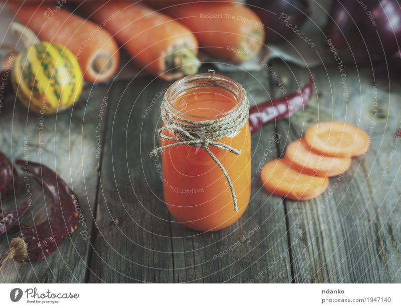 Carrot juice in a little jar among the fresh vegetables Vegetable Herbs and spices Nutrition Vegetarian diet Beverage Juice Glass Table Rope Old Fresh Healthy