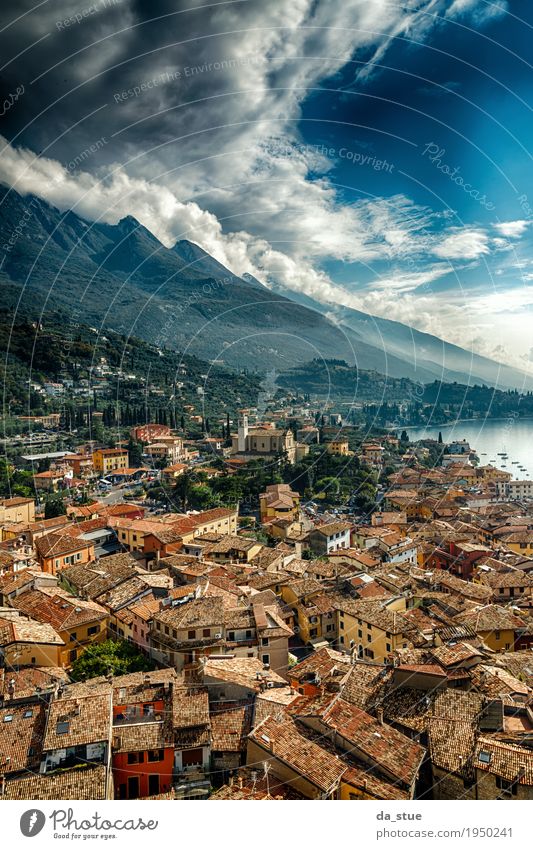 After the storm Landscape Water Sky Clouds Storm clouds Spring Summer Autumn Weather Beautiful weather Rain Mountain Peak Lake Garda Italy Europe Village