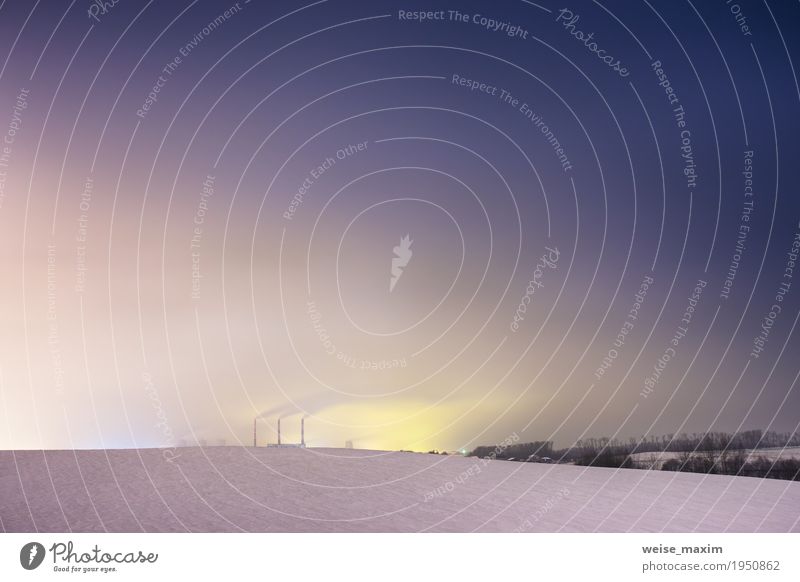 Thermal power plant and cooling towers at night Far-off places City trip Winter Snow Factory Industry Technology Energy industry Coal power station Environment