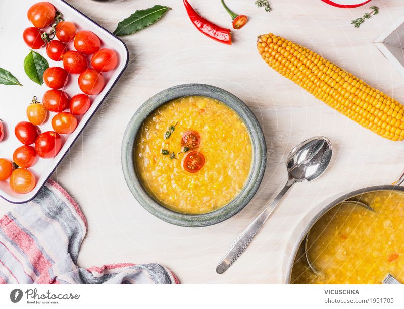 Delicious corn soup Food Vegetable Grain Soup Stew Nutrition Lunch Dinner Organic produce Vegetarian diet Diet Crockery Bowl Spoon Style Healthy Healthy Eating