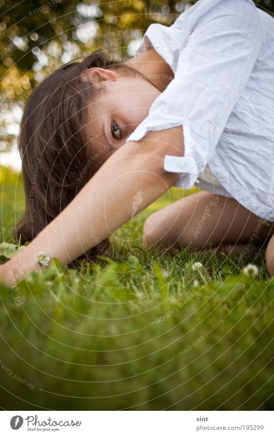 Unknown Feminine Young woman Youth (Young adults) Grass Brunette Long-haired Kneel Looking Protection Secrecy Shame Fear Timidity Feeble Innocent Colour photo