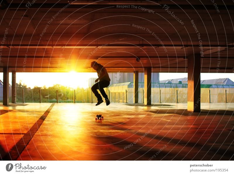 hangtime Sun Sports Masculine Young man Youth (Young adults) 1 Human being Youth culture Sunrise Sunset Industrial plant Building Romp Athletic Speed Yellow