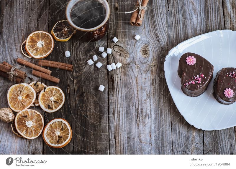 cup of hot black coffee and cakes on a white plate Fruit Orange Dessert Candy Chocolate Breakfast Beverage Hot Chocolate Coffee Plate Mug Cutlery Decoration