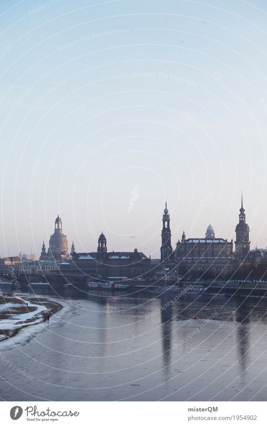 Winter in Dresden. Work of art Cold Skyline Saxony Capital city Frauenkirche Dresden Hofkirche Reflection Baroque Elbe Elbtalaue Colour photo Multicoloured