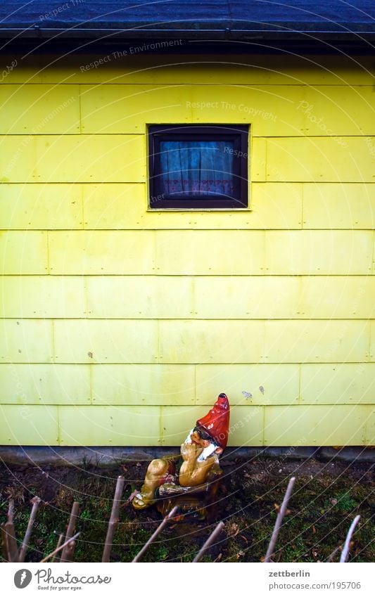 garden gnome Nature Garden Garden plot Garden allotments Colony March scheberg Garden Garden gnome Gardenhouse Loggia Wooden wall Wall (building) Window