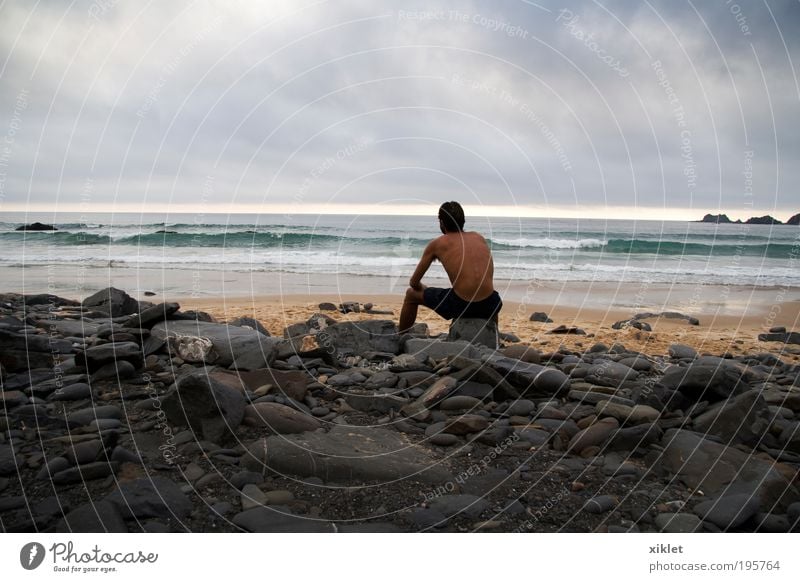 Mann sitzt am Strand, Young man Youth (Young adults) 18 - 30 years Adults Sand Water Sun Summer Waves Coast Beach Observe Think Looking Sit Fresh Muscular Naked