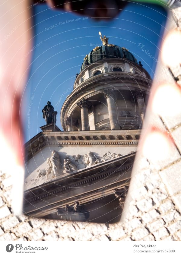 Sights of Berlin by mobile: French Cathedral IV Worm's-eye view Bird's-eye view Deep depth of field Sunbeam Reflection Contrast Shadow Light Day