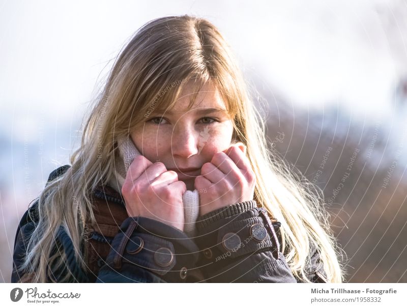 Young blonde woman with scarf Human being Feminine Young woman Youth (Young adults) Woman Adults Skin Head Hair and hairstyles Face Eyes Nose Mouth Lips Hand