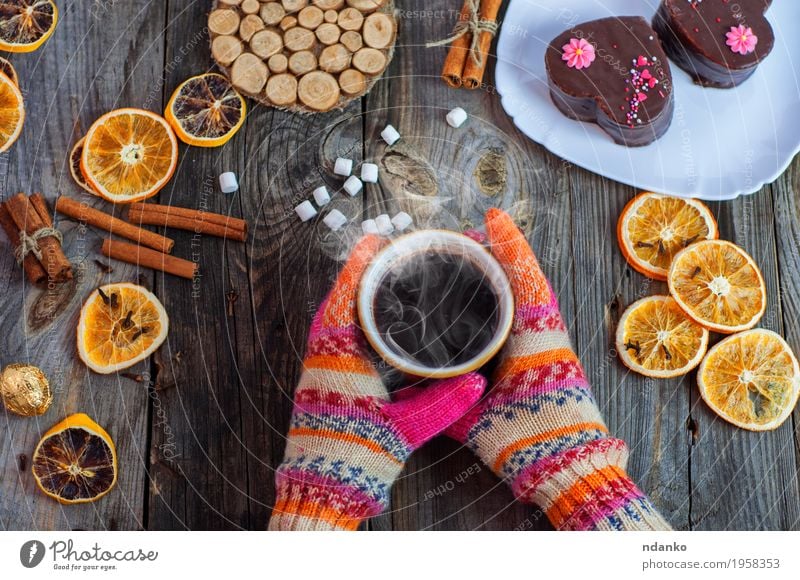 cup of black hot coffee in her hands Food Fruit Dessert Candy Chocolate Herbs and spices Breakfast To have a coffee Beverage Hot drink Coffee Espresso Cup Mug