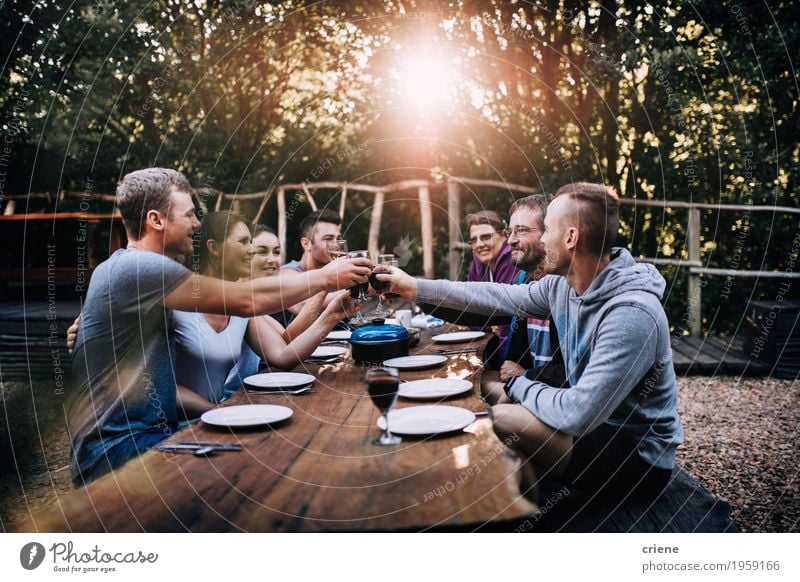 Family toasting with wine glasses at outdoor dinner Food Eating Dinner Beverage Drinking Alcoholic drinks Wine Crockery Plate Pot Glass Camping Garden