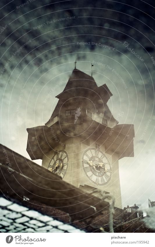 Gradec Capital city Tower Tourist Attraction Landmark Clock tower Retro pischarean Graz Mountain castle Architecture Puddle Colour photo Day Reflection Blur