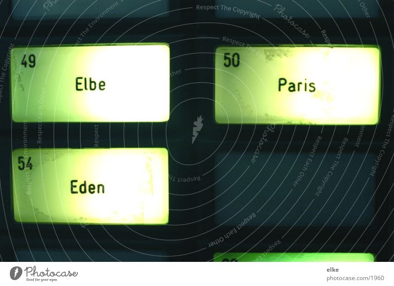 from the Elbe to Paris To call someone (telephone) Hotel Neon light Digits and numbers Word Letters (alphabet) Services names Characters