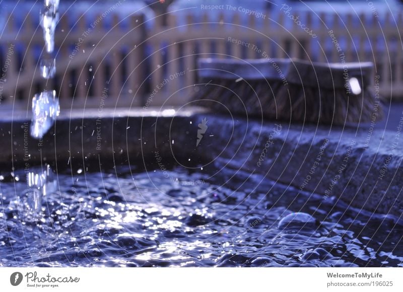 well Brush Water Drops of water Well Fresh Wet Blue Brown Cold Colour photo Exterior shot Twilight Sunbeam Central perspective Day