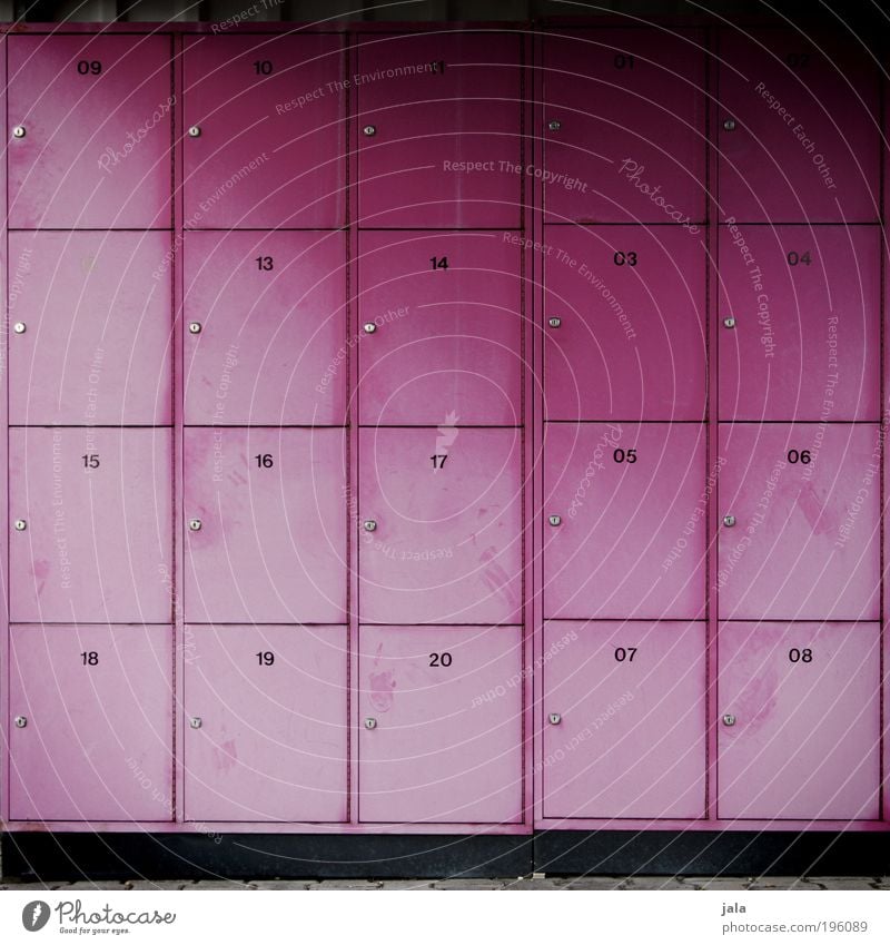 closed society Metal Digits and numbers Pink Red Locker Colour Guide Lockable Lockbox 20 Colour photo Exterior shot Deserted Light Shadow Day