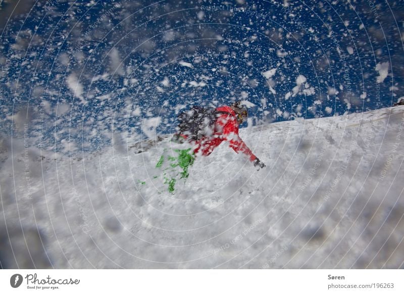 SWOOOOSH! Snowboarder Joy Action Curve turn Spray Wide angle shwoosh Snowfall Ski run Snowboarding Snowflake Tilt 1 Exterior shot Colour photo Red Winter