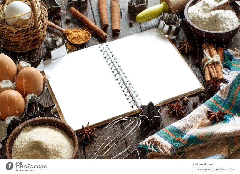 Blank cooking book, ingredients and utensils Dairy Products Dough Baked goods Dessert Herbs and spices Bowl Table Kitchen Paper Wood Fresh Brown White