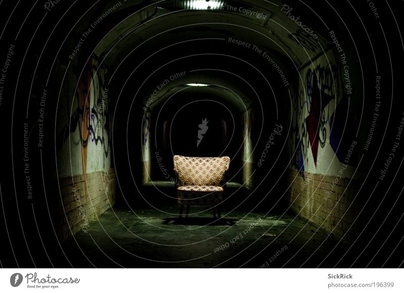 Endless Tunnel Wall (barrier) Wall (building) Chair Armchair Graffiti Dark Creepy Black Fear Dangerous Distress Retro Colour photo Deserted Copy Space left