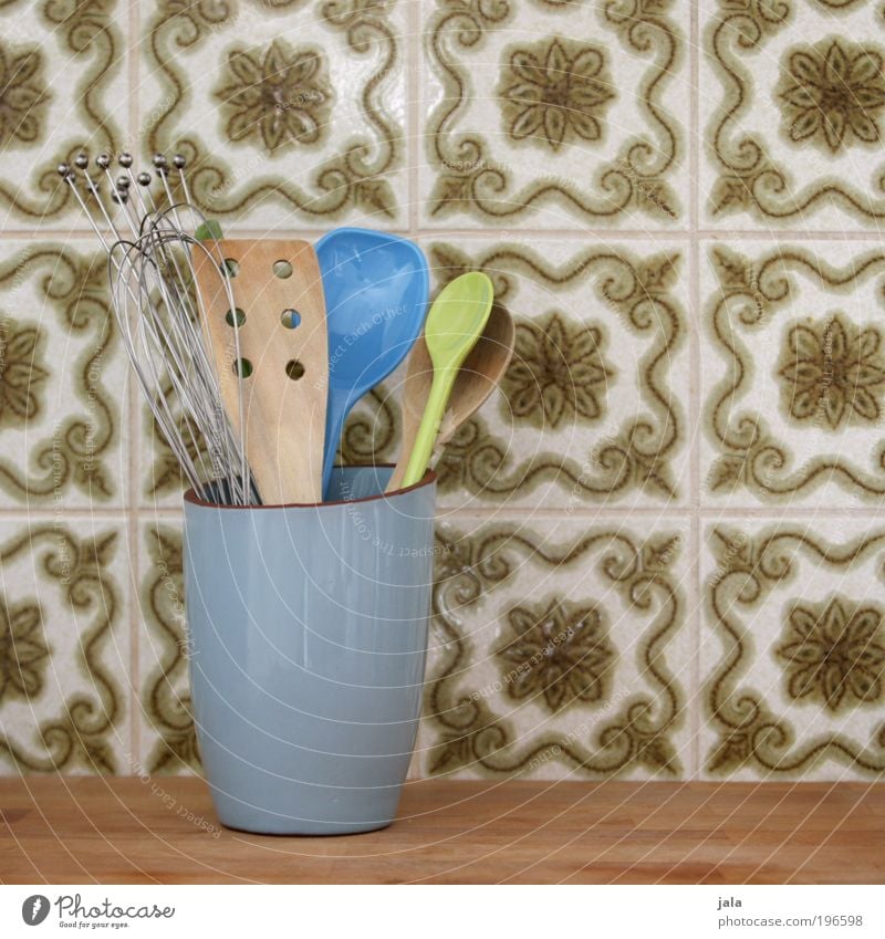 kitchen help Wooden spoon Bowl Decoration Utilize Tile Kitchen Helper Light blue Green Workplace Colour photo Interior shot Deserted Day Beater