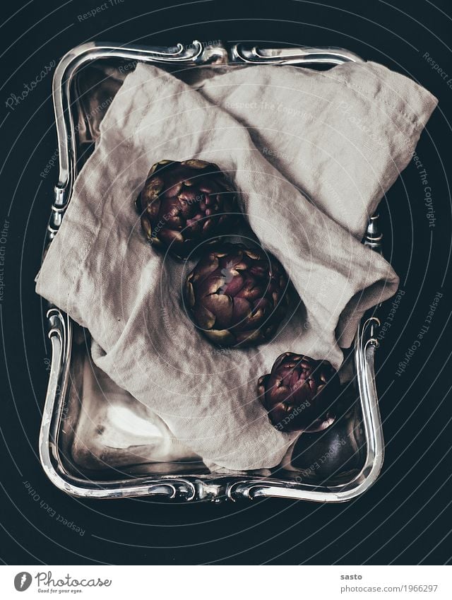 Three artichokes Food Vegetable Vegetarian diet Slow food Esthetic Artichoke Tray Rag salubriously Raw Organic Fresh Colour photo Interior shot Close-up Detail