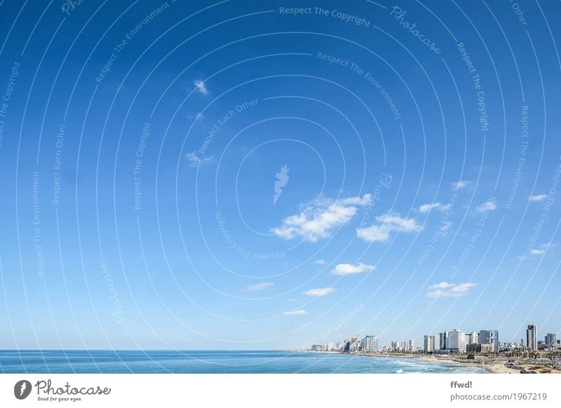 Tel Aviv Vacation & Travel Far-off places City trip Beach Ocean Sky Clouds Horizon Beautiful weather Israel Town Port City Skyline High-rise Blue Colour photo