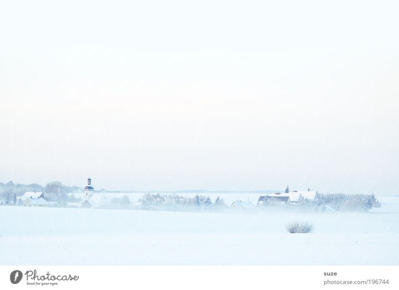 Church in the village Environment Nature Landscape Elements Sky Cloudless sky Horizon Winter Climate Beautiful weather Fog Ice Frost Snow Village