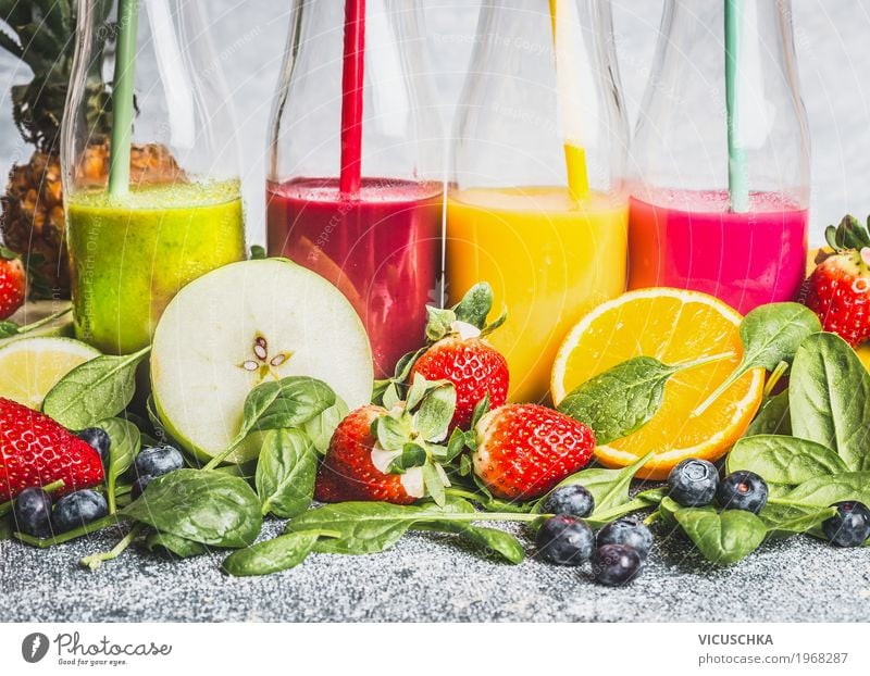 Colourful smoothie bottled drinks with fresh ingredients Food Vegetable Fruit Nutrition Organic produce Vegetarian diet Diet Beverage Cold drink Juice Bottle