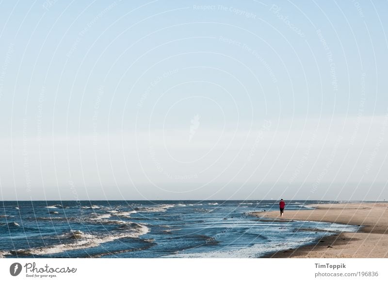 Red jacket and the big sea Coast Relaxation Beach Walk on the beach Sandy beach Wangerooge North Sea Baltic Sea Ocean Surf Waves Swell Recreation area