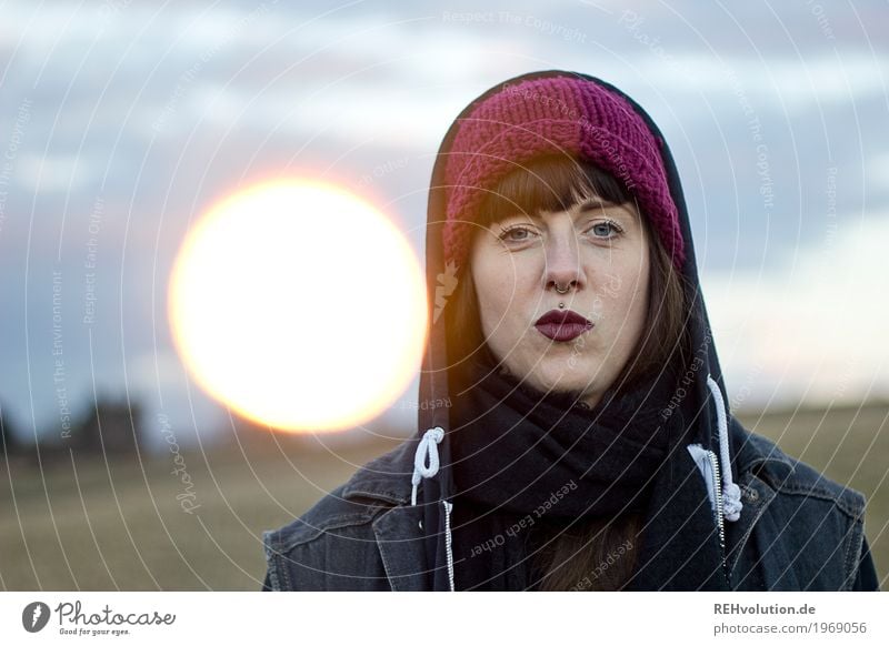 Carina - Young woman in nature with light spot Looking into the camera Front view Upper body portrait Feminine Human being Lipstick Hip & trendy Cool (slang)