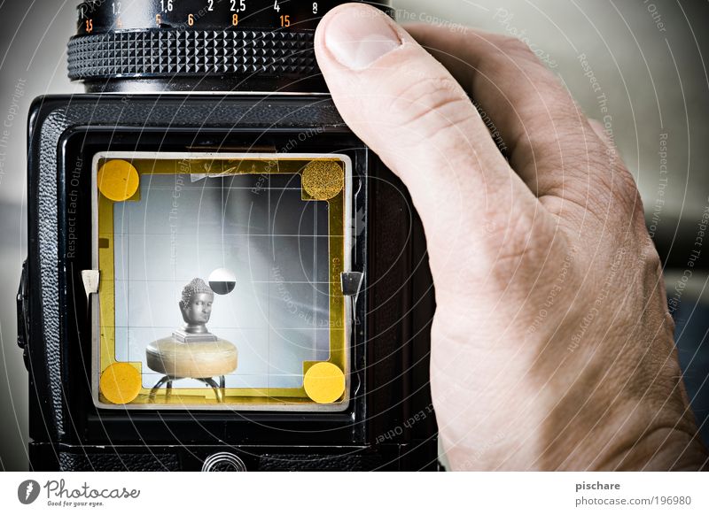 self-portrait Masculine Head Hand Exotic Retro pischarean hasselblad Medium format Montage Camera tossing Viewfinder Take a photo Statue Colour photo