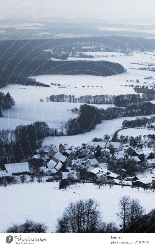 winter village Environment Nature Landscape Plant Sky Winter Climate Bad weather Ice Frost Snow Tree Field Forest Hill Village Populated