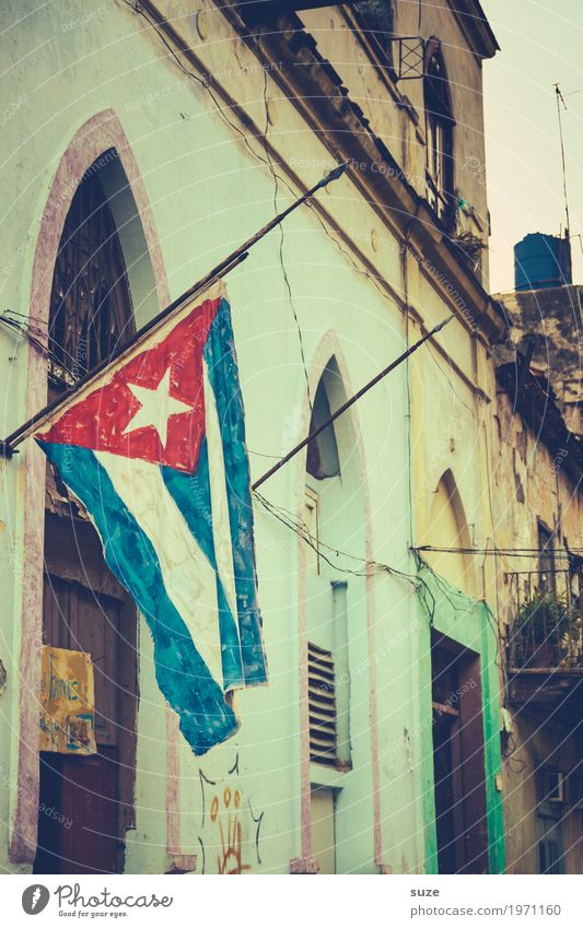 fly the flag Vacation & Travel Tourism City trip Living or residing Town Capital city Old town House (Residential Structure) Facade Sign Flag Dirty Broken Retro