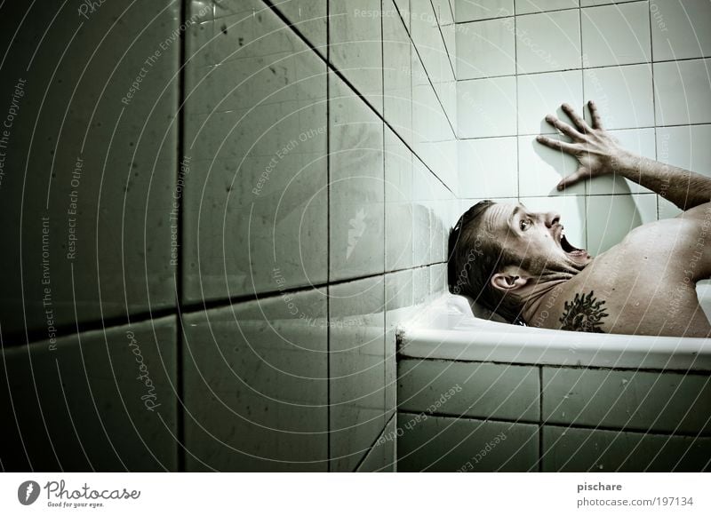 drama queens Spa Masculine 30 - 45 years Adults Scream Aggression Threat Dark Crazy Green Emotions Fear Horror Fear of death pischarean Bathroom Bathtub Tile